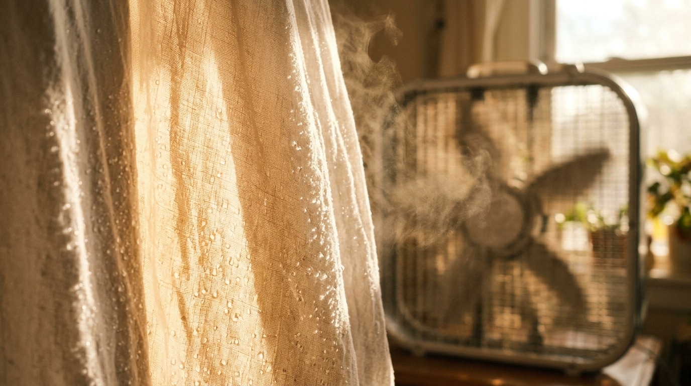 Gouttes d'eau s'évaporant sur un tissu devant un ventilateur