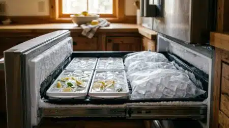 Bacs à glaçons et sacs de congélation remplis de glace