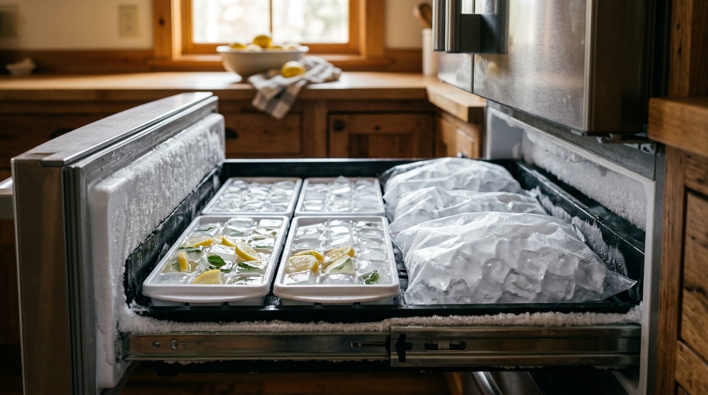 Bacs à glaçons et sacs de congélation remplis de glace