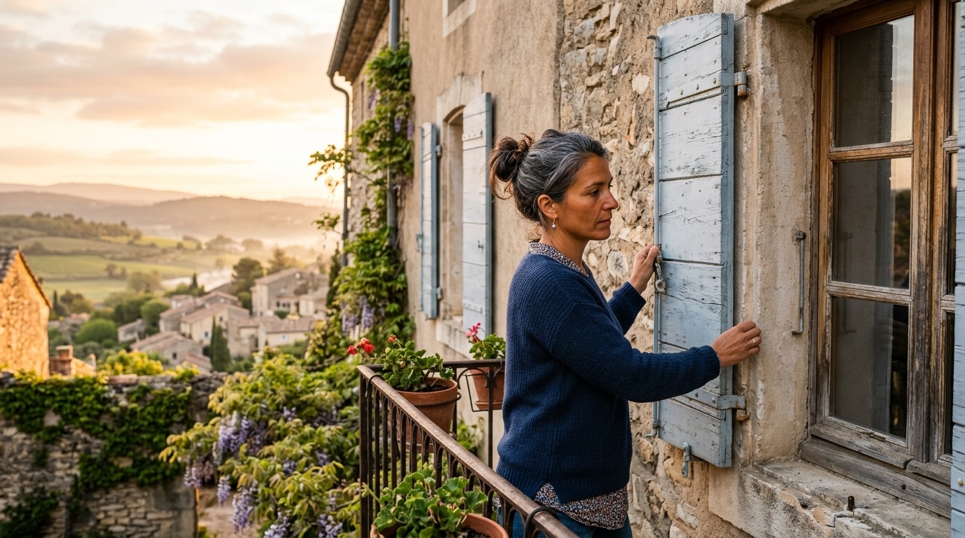 Femme fermant les volets tôt le matin en été