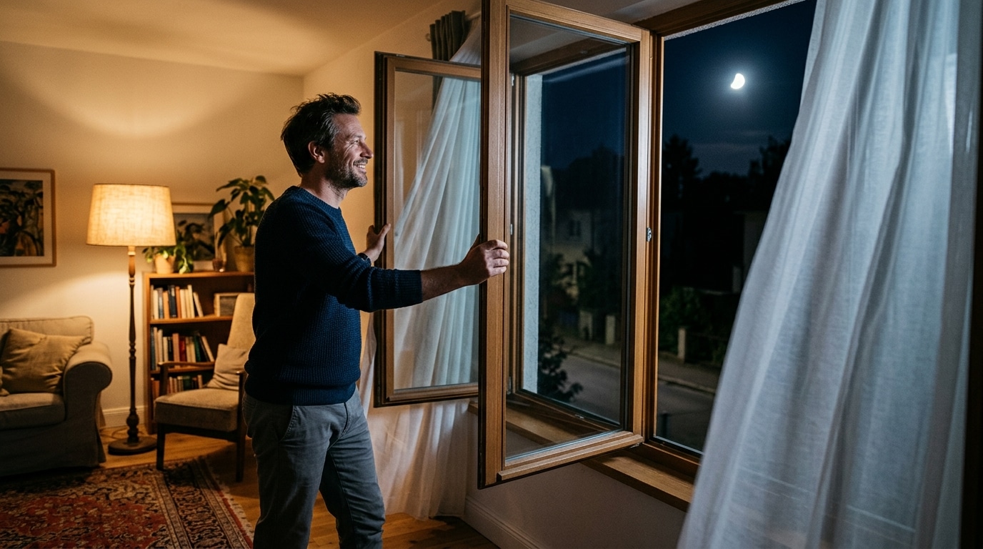 Homme ouvrant les fenêtres la nuit pour aérer