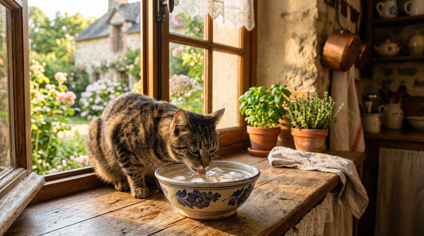 Chat buvant de l'eau fraîche avec des glaçons dans une gamelle