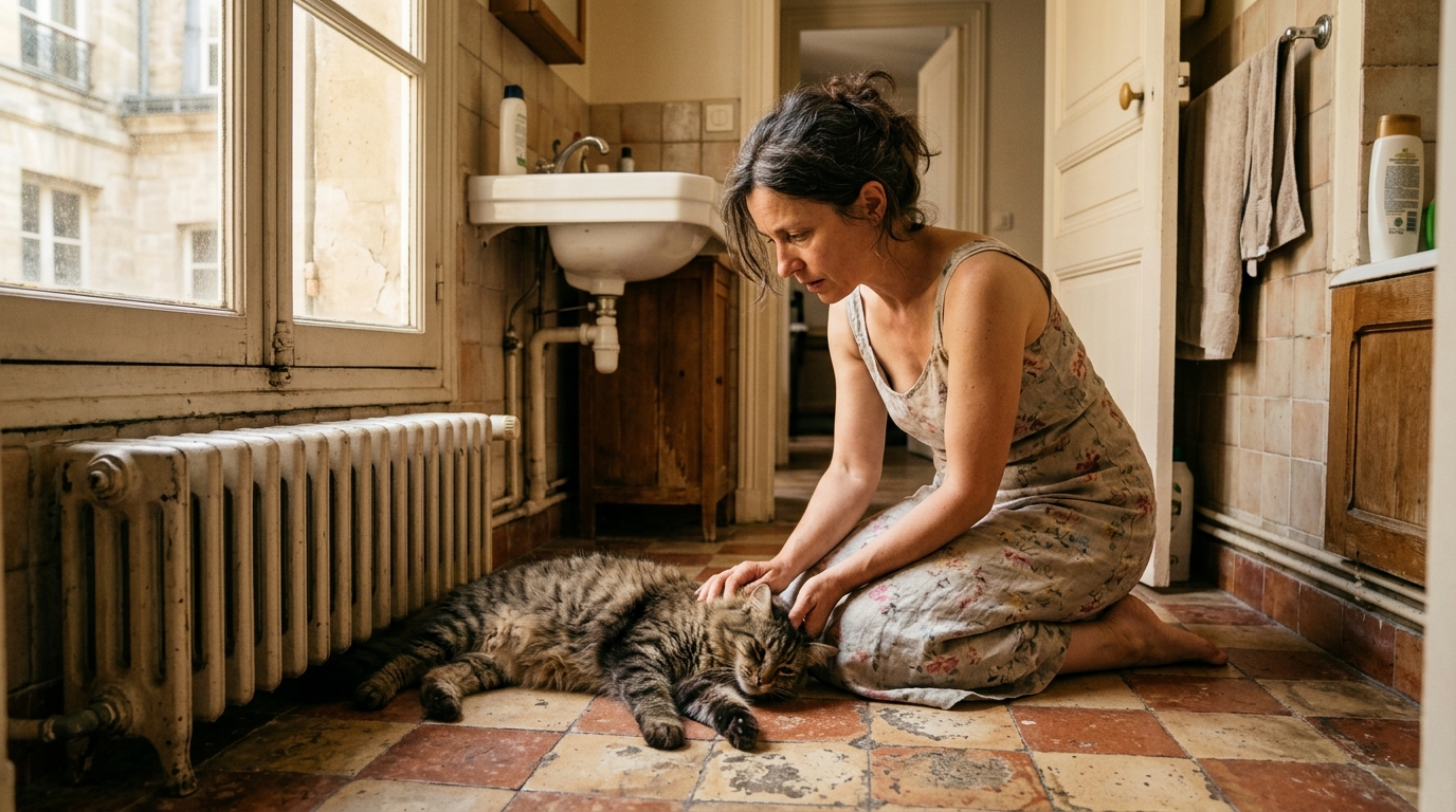 Femme inquiète surveillant son chat allongé sur le carrelage frais