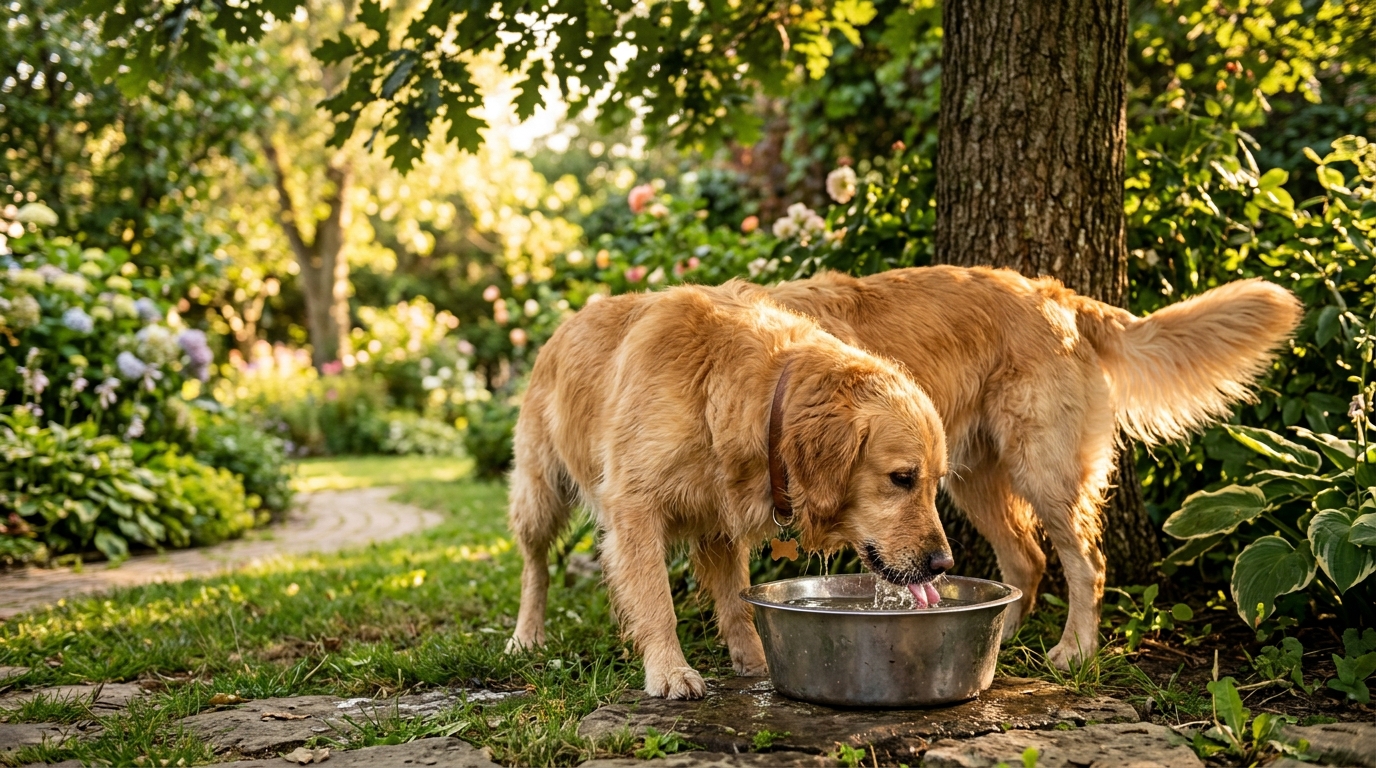 Chien buvant de l'eau fraîche à l'ombre en été