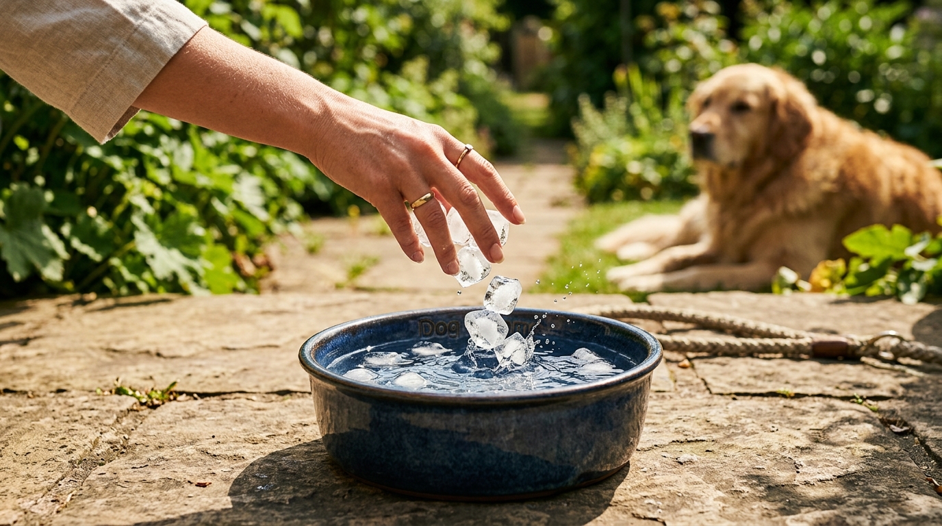 Glaçons versés dans la gamelle d'eau du chien