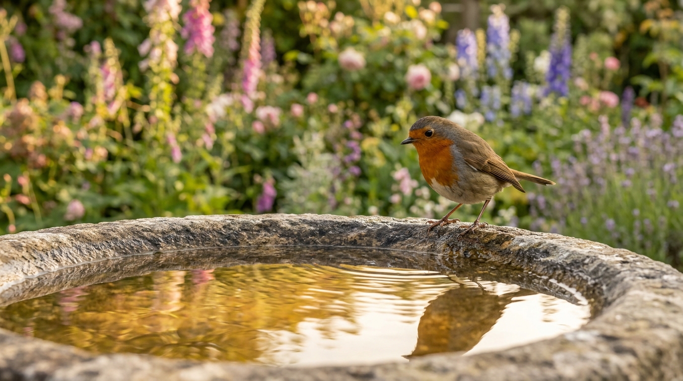 Rouge-gorge posé sur un bain d'oiseaux propre