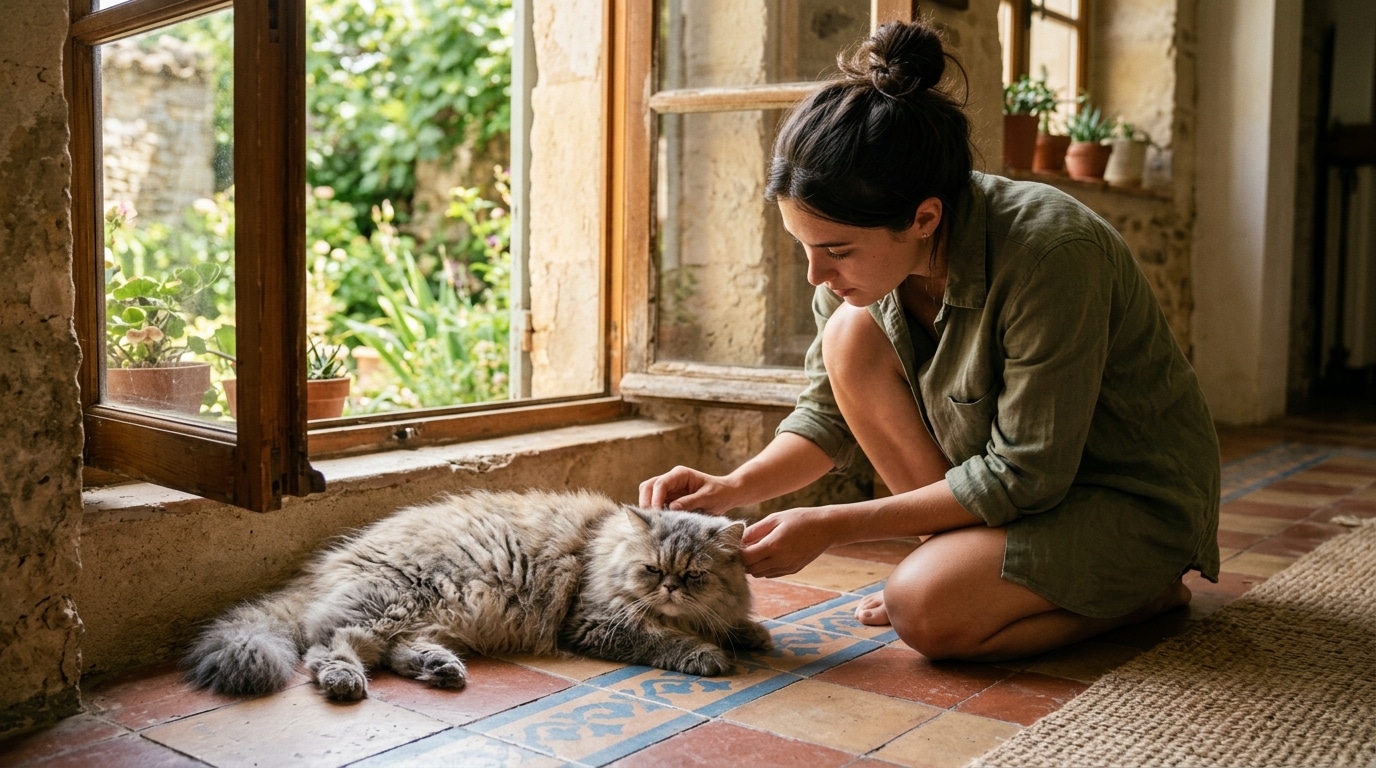 Chat Persan allongé sur le carrelage surveillé avec attention