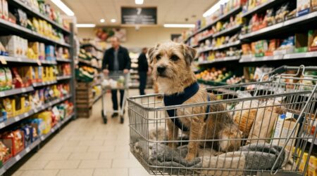 Petit chien assis dans un chariot de supermarché
