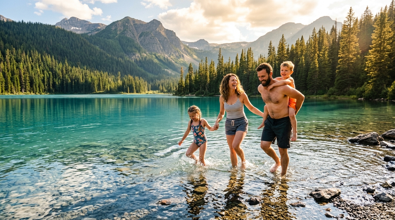 Famille se baignant dans un lac de montagne frais