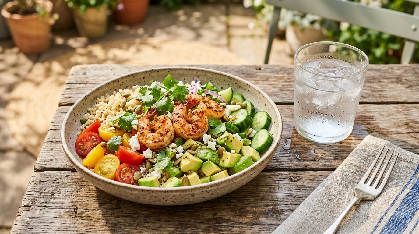 Salade fraîche colorée avec quinoa avocat et crevettes