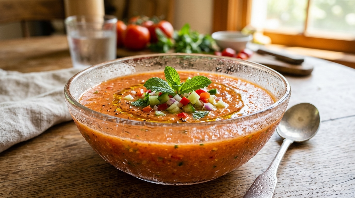 Gaspacho glacé garni de menthe fraîche en été