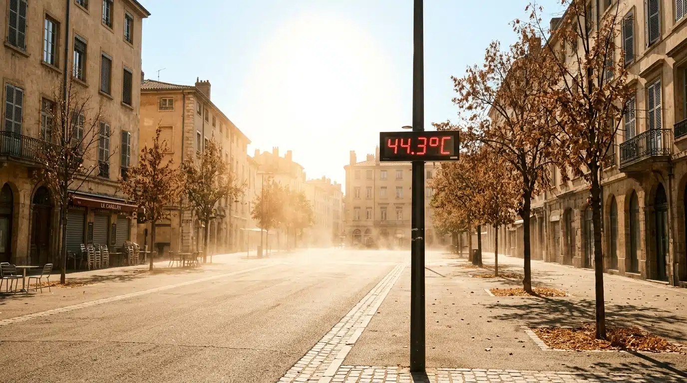 Place urbaine vide sous un soleil écrasant de canicule