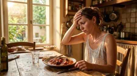 Femme fatiguée par la chaleur devant un plat lourd