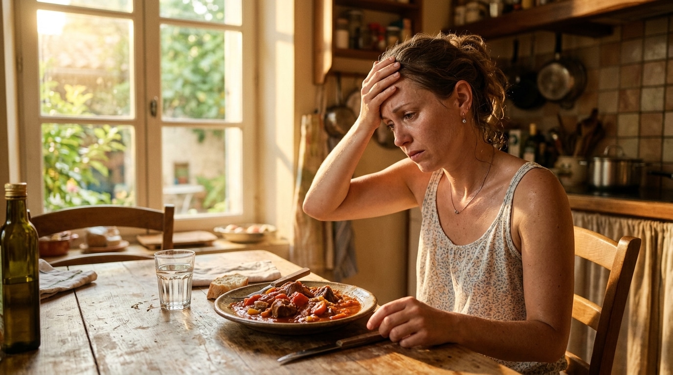 Femme fatiguée par la chaleur devant un plat lourd