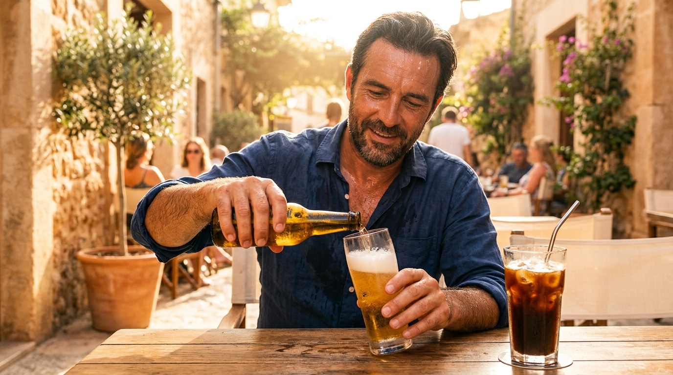 Homme buvant café et bière en pleine canicule