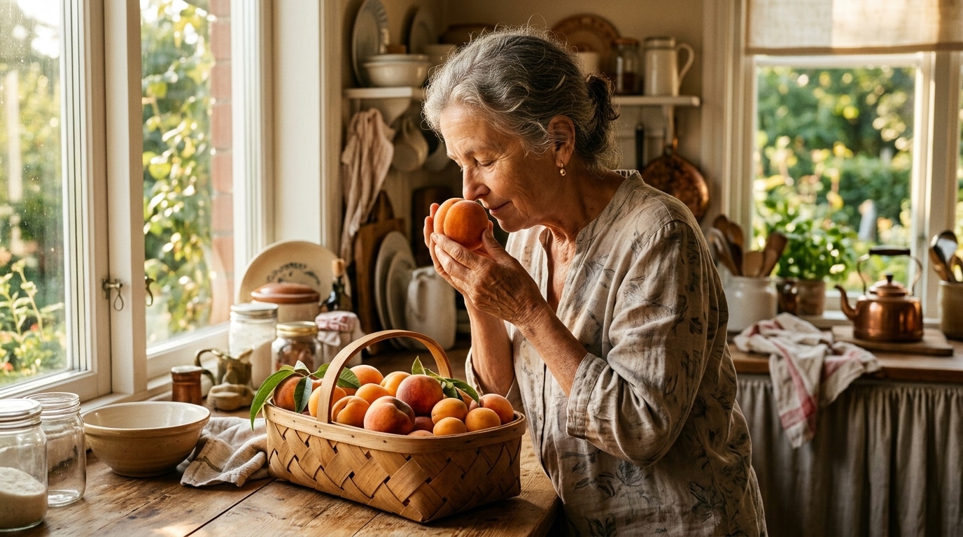 Femme qui vérifie la maturité d'une pêche par l'odeur