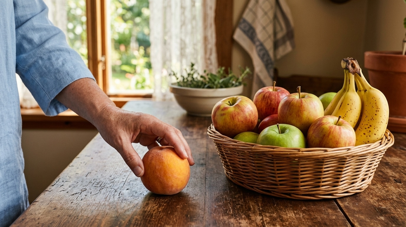 Test de maturité d'une pêche séparée des pommes et bananes