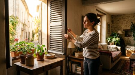 Femme fermant les volets tôt le matin contre la chaleur