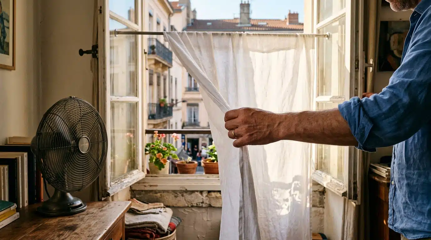 Drap humide devant un ventilateur pour rafraîchir une pièce