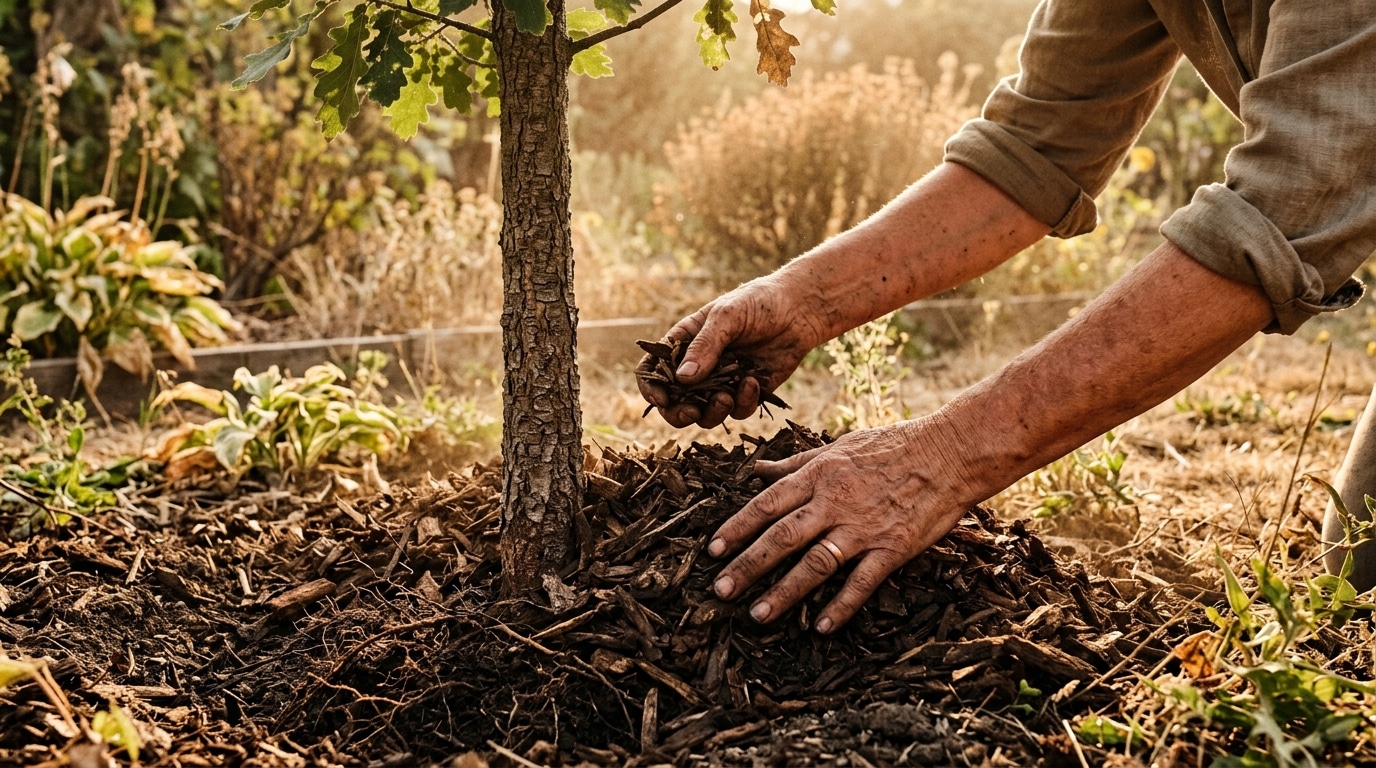 Mains paillant le pied d'un jeune arbre