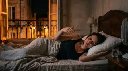 Femme allongée éveillée dans son lit en pleine canicule