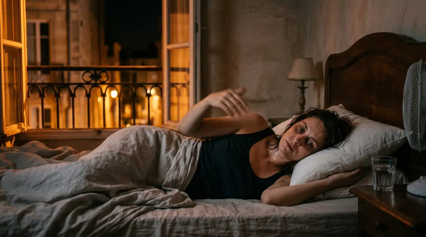 Femme allongée éveillée dans son lit en pleine canicule
