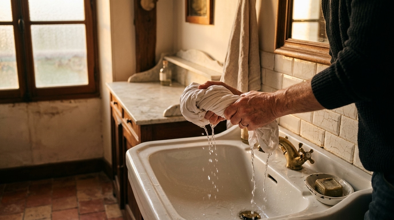 Mains essorant un drap humide au-dessus d'un lavabo