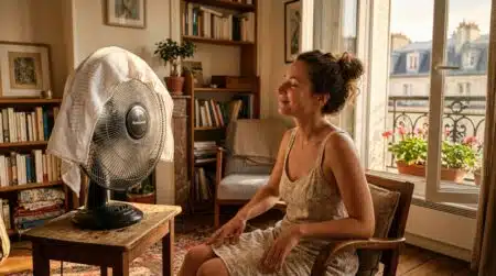 Femme rafraîchie par un ventilateur avec torchon glacé