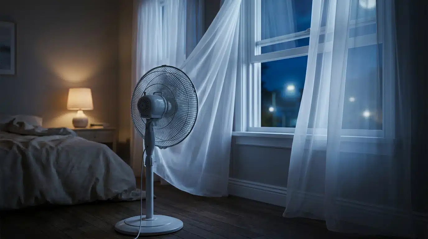 Ventilateur blanc orienté vers une fenêtre ouverte
