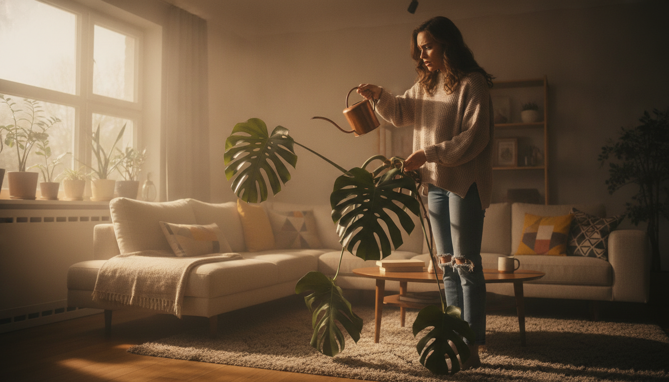 Femme arrosant un monstera aux feuilles tombantes