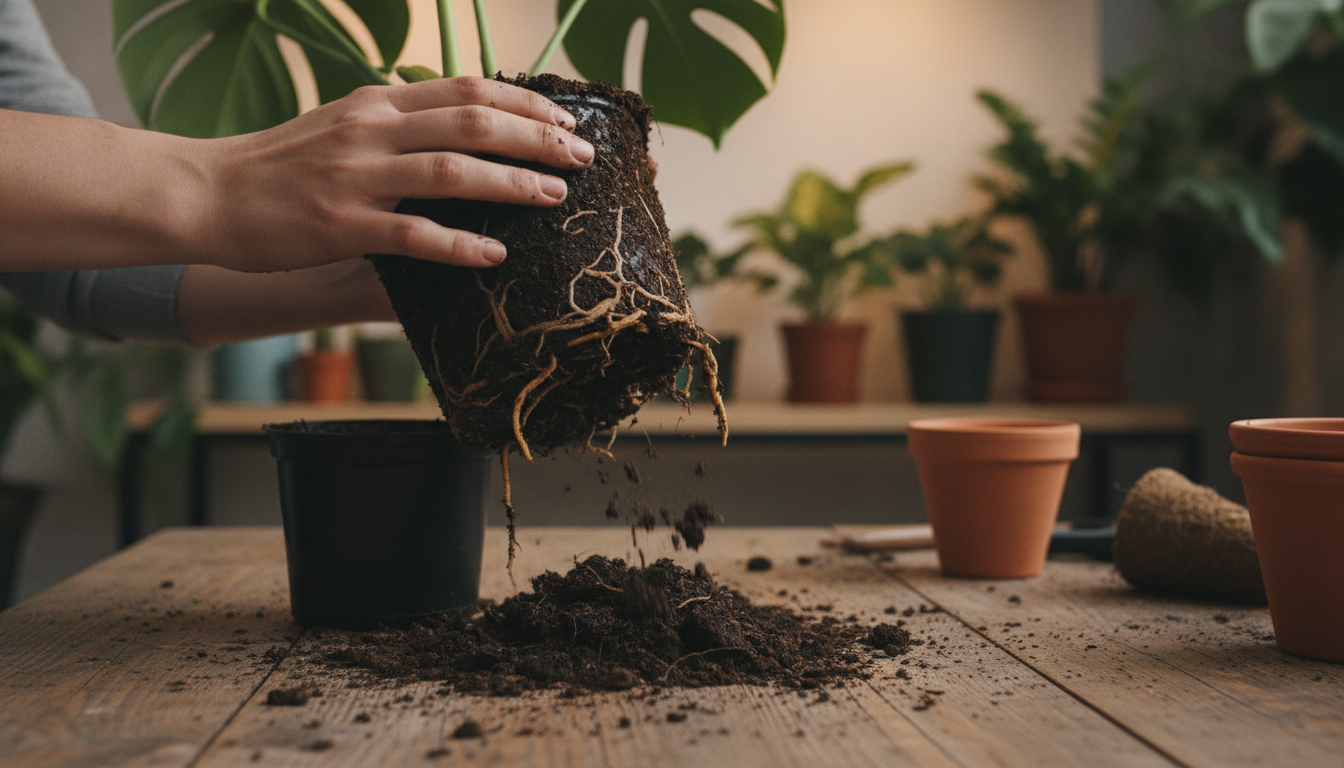 Rempotage d'un monstera aux racines abîmées