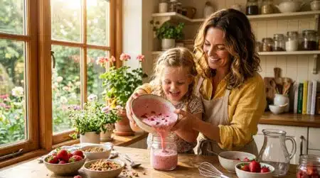 Mère et fille préparent une glace au yaourt maison