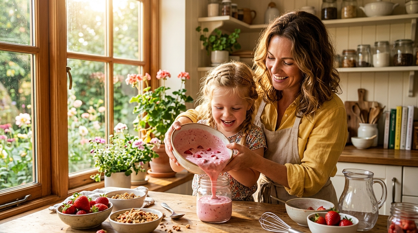 Mère et fille préparent une glace au yaourt maison