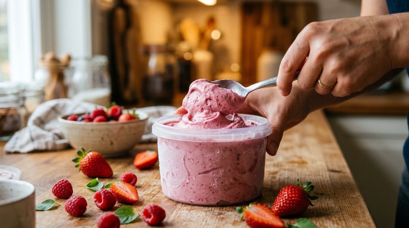 Glace maison au yaourt et fruits rouges sortie du congélateur