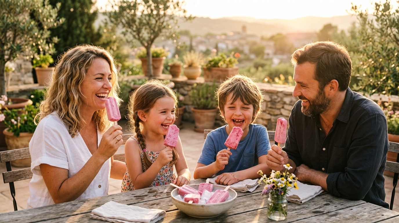 Famille dégustant des glaces maison en terrasse l'été