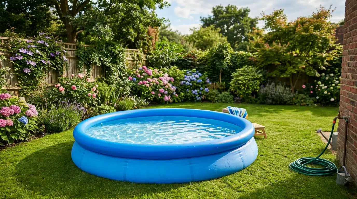 Piscine ronde gonflable bleue installée sur pelouse
