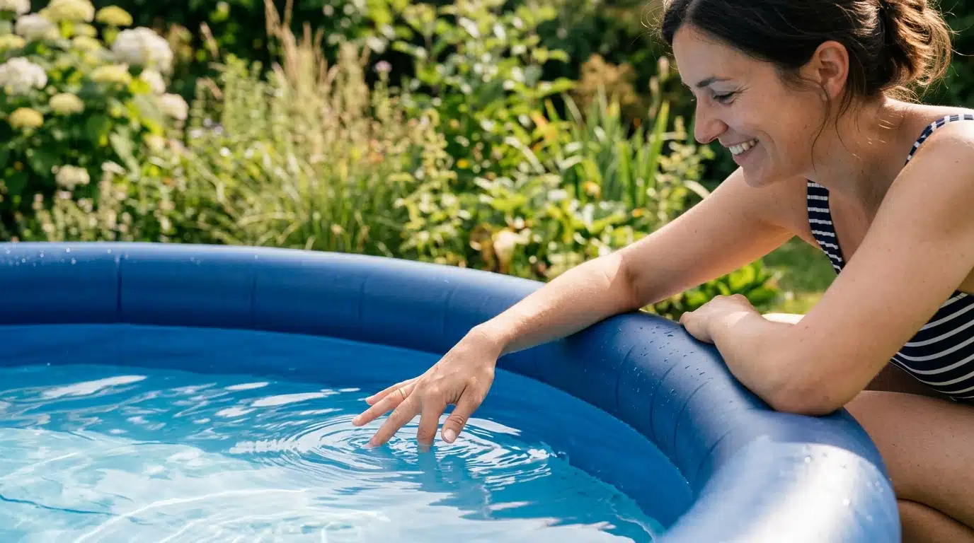 Main testant la température de l'eau d'une piscine
