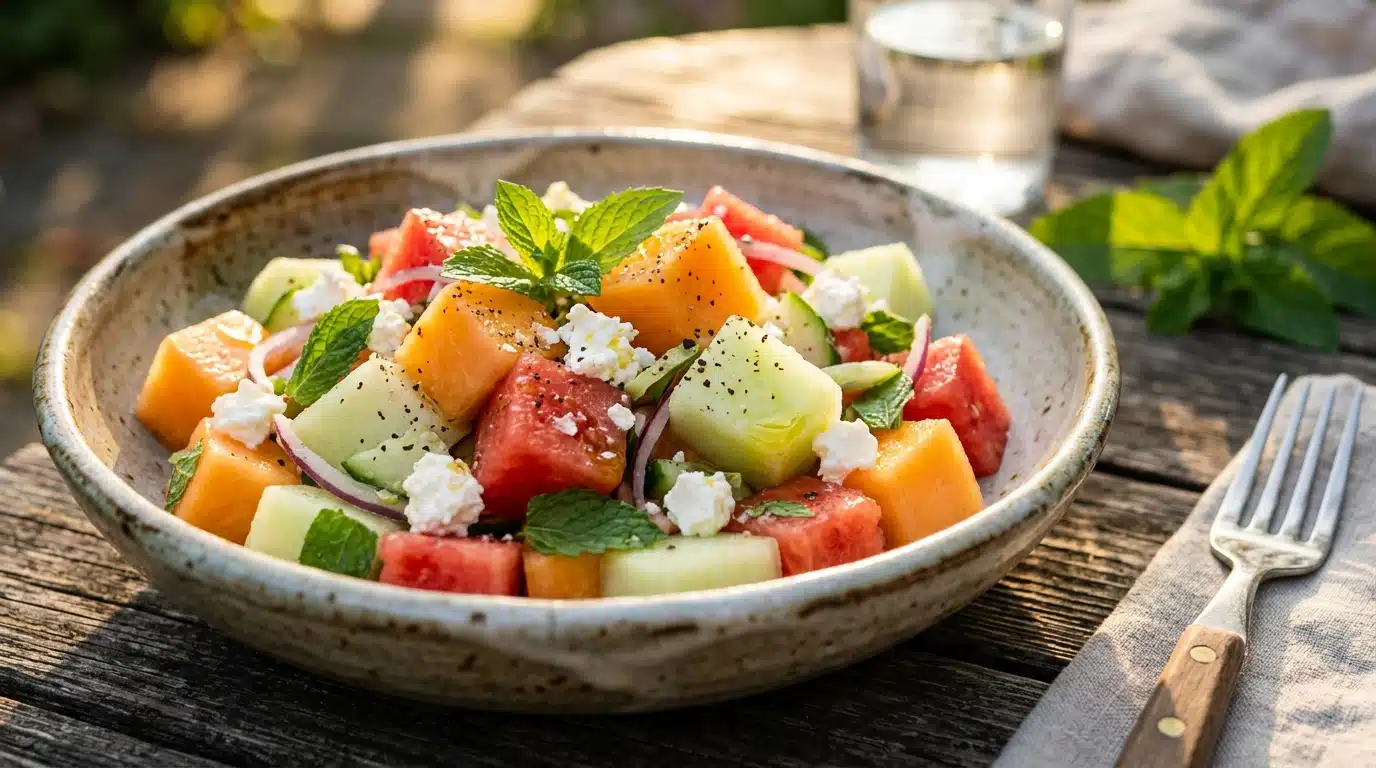 Salade fraîche melon feta menthe dans un bol