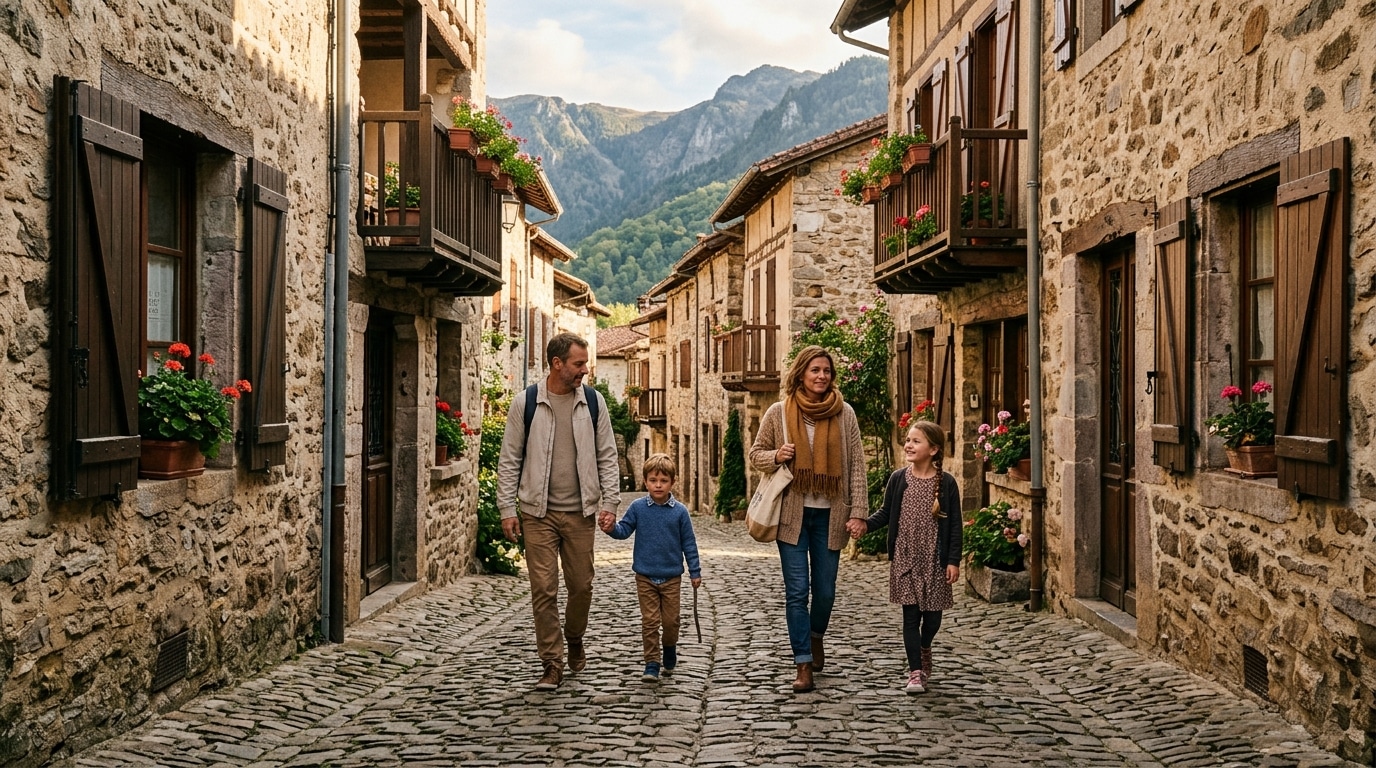 Famille se promenant dans une ville pyrénéenne préservée