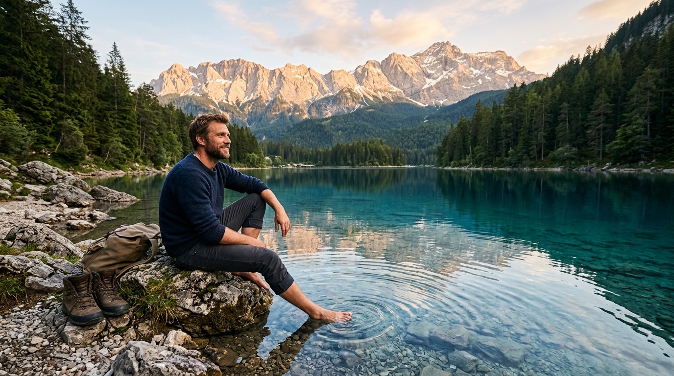 Homme se rafraîchissant dans un lac d'altitude des Pyrénées