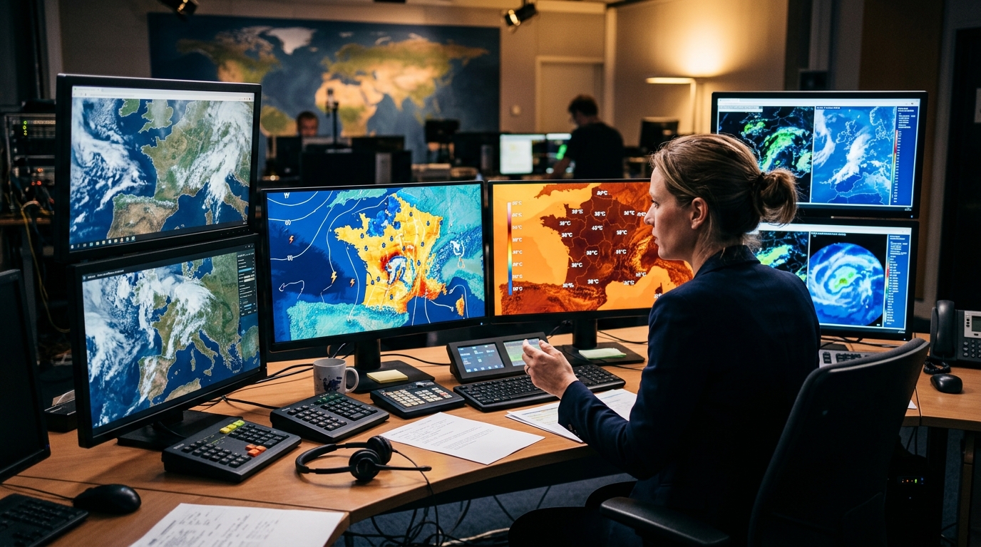 Écrans affichant des cartes météo de France avec orages