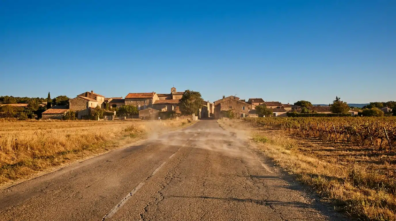 Route de campagne française sous une chaleur écrasante