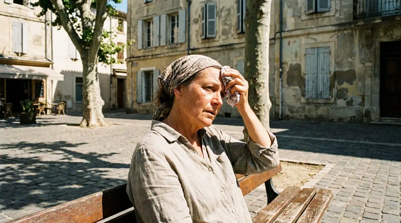 Femme épuisée par la chaleur sur un banc de village