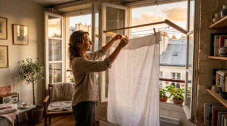Drap mouillé suspendu devant une fenêtre ouverte au coucher du soleil