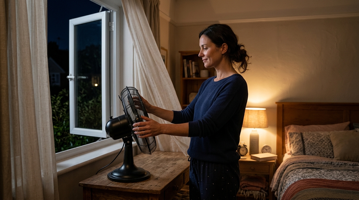 Ventilateur orienté vers une fenêtre ouverte la nuit