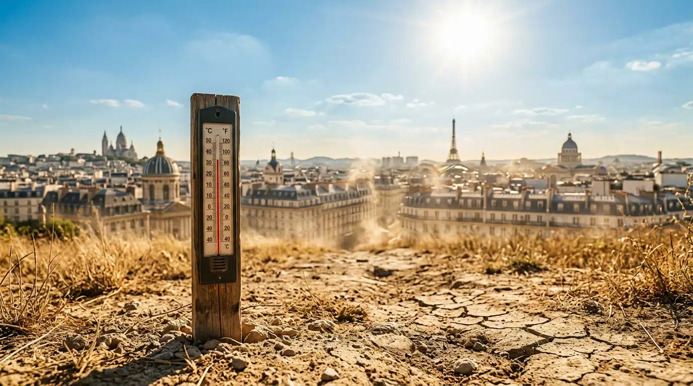 Ciel brûlant et chaleur intense au-dessus d'une ville française