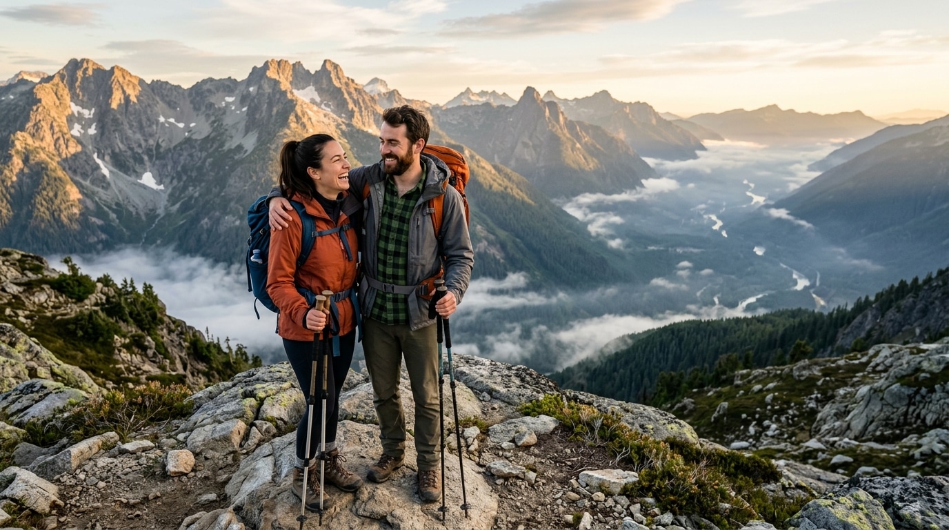 Couple de randonneurs au sommet d'une montagne fraîche