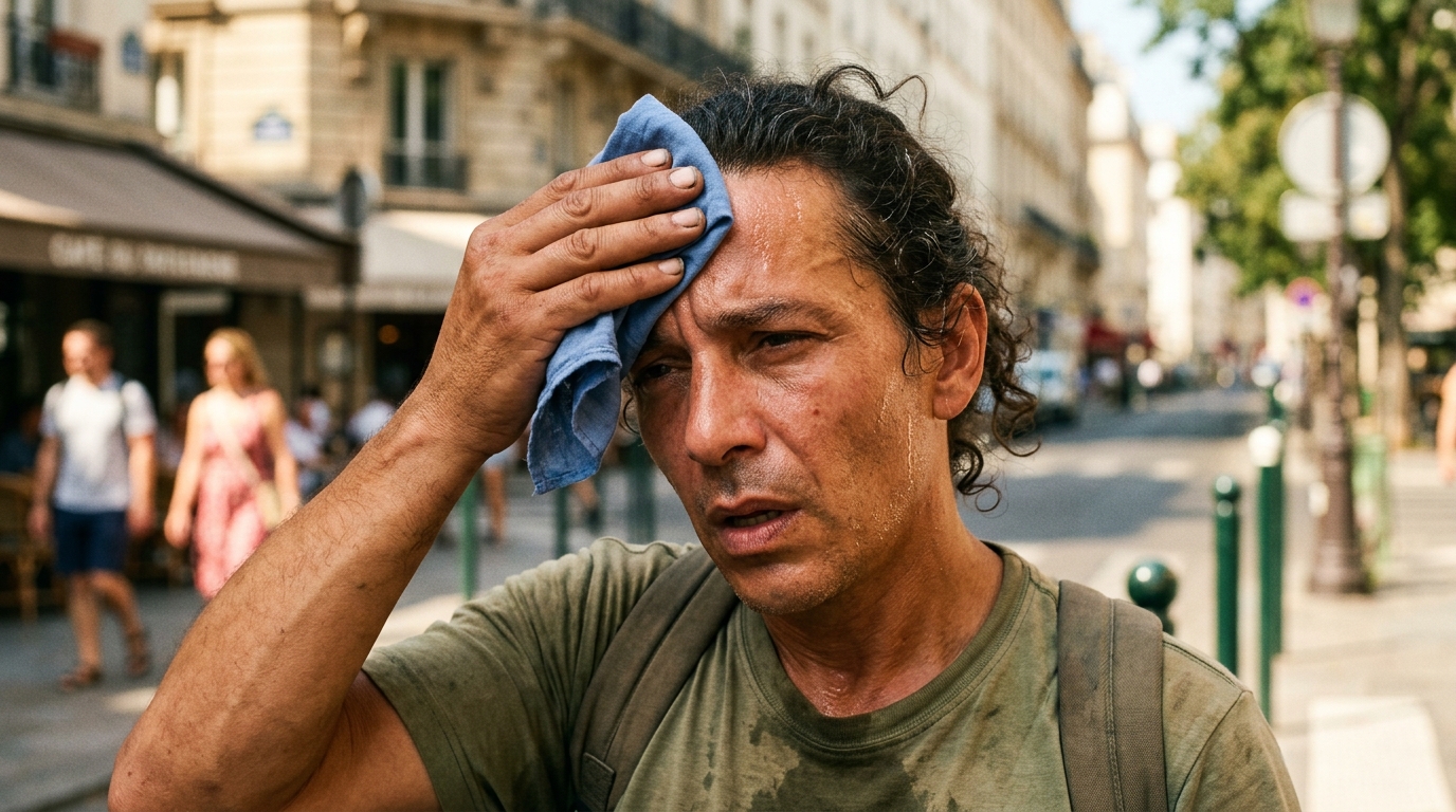 Personne en sueur essuyant son front en pleine canicule