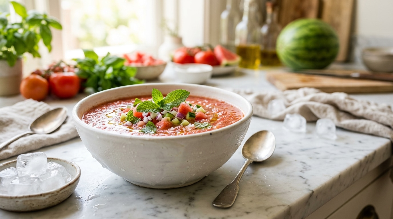 Gaspacho glacé pastèque tomate menthe dans un bol