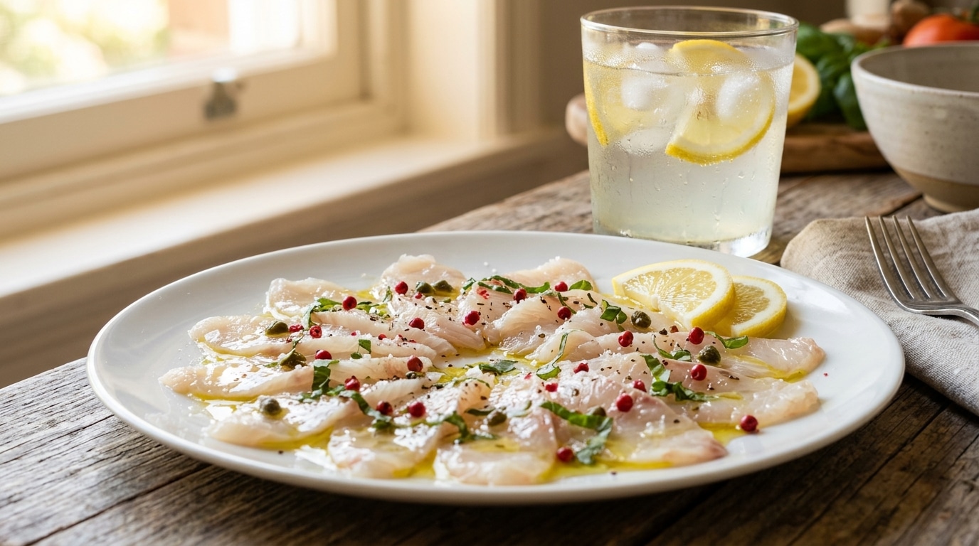 Carpaccio de poisson cru avec citron et baies roses